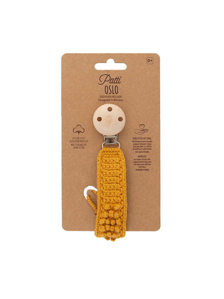 Attache-tétine en coton bio jaune moutarde